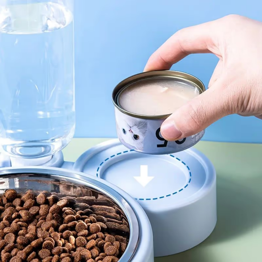 Plato Comedero de Acero Inoxidable con Botella de Agua Mascotas