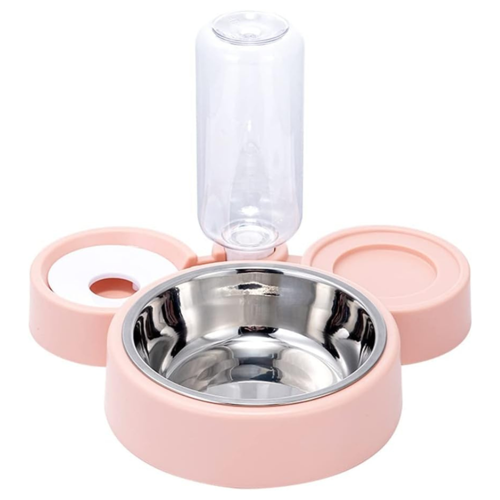 Plato Comedero de Acero Inoxidable con Botella de Agua Mascotas
