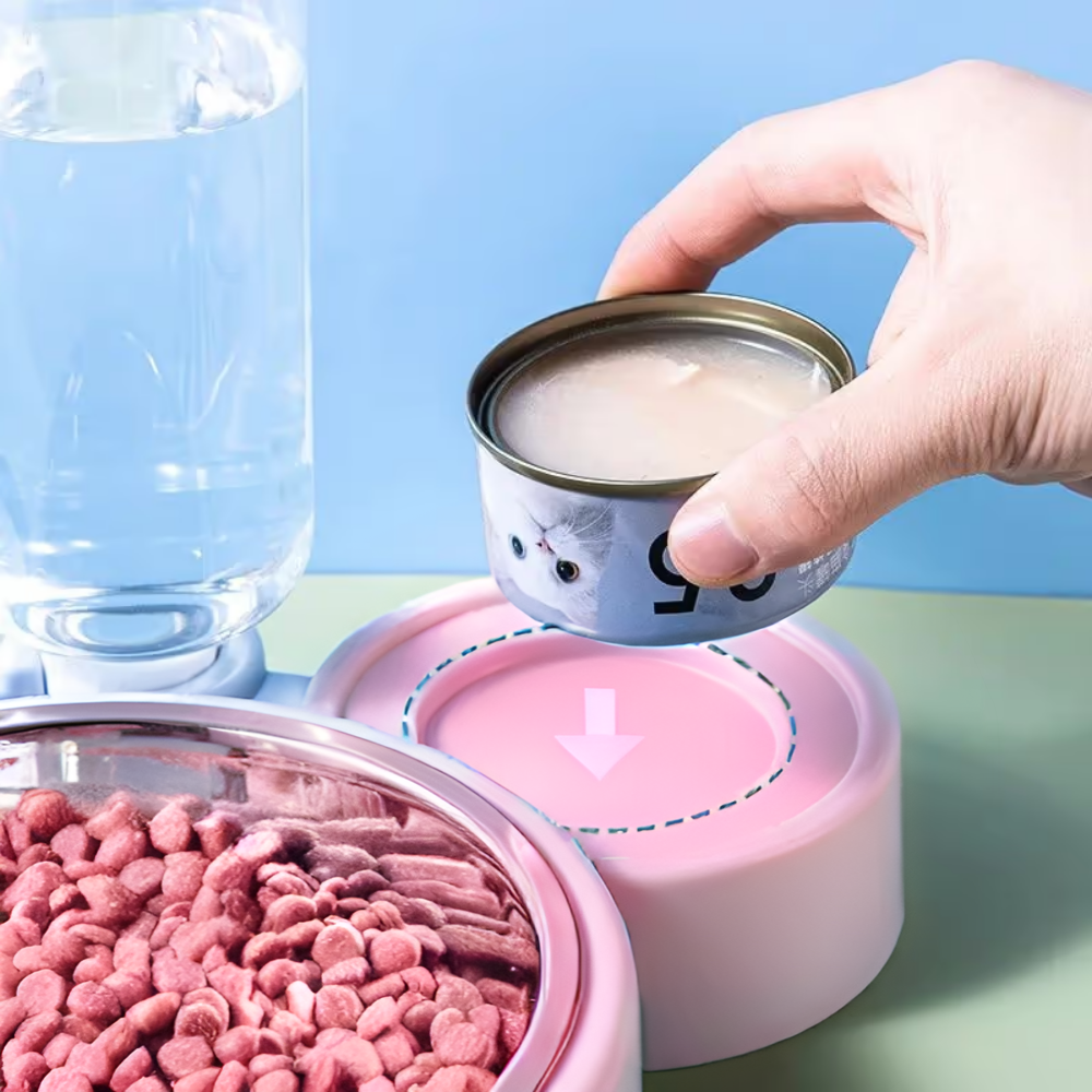 Plato Comedero de Acero Inoxidable con Botella de Agua Mascotas