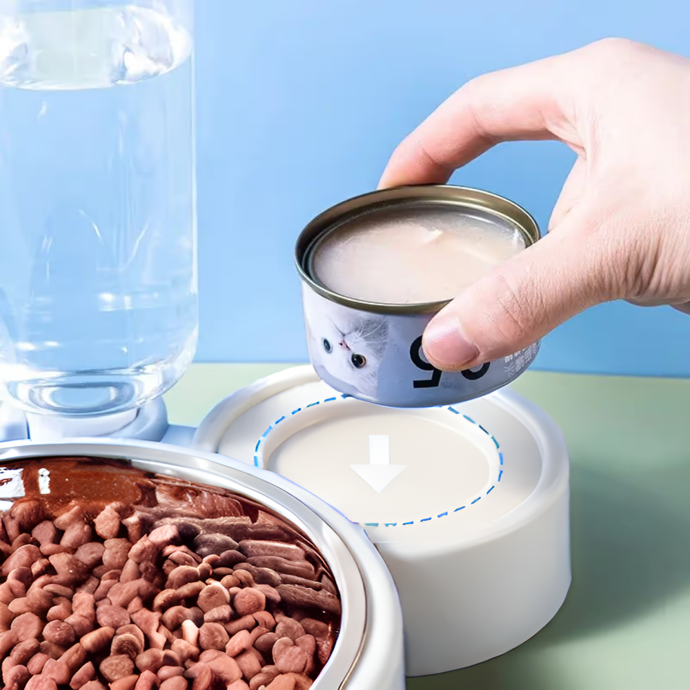 Plato Comedero de Acero Inoxidable con Botella de Agua Mascotas